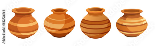 Four traditional indian clay pots with striped patterns, rustic earthenware
