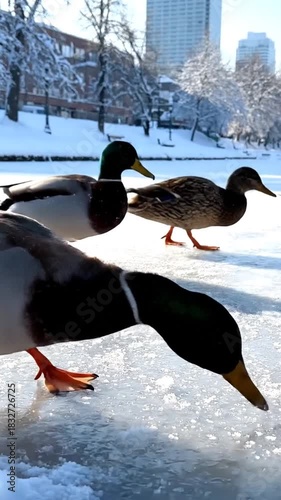 Mallard ducks on icy surface with winter landscape background