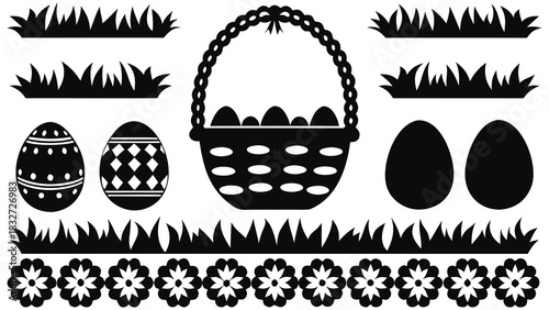Black and white silhouette collection of easter elements including grass decorative eggs a basket filled with eggs and a floral border perfect for spring celebrations and design projects