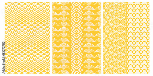 Collection of five yellow and white seamless geometric patterns for backgrounds and designs