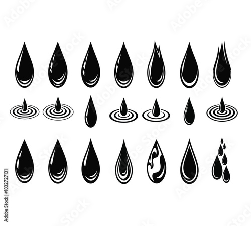 Collection of black oil or liquid drop icons in various shapes and styles, some showing ripples on a surface, isolated on white background