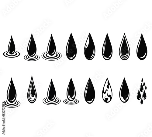 Collection of black oil or liquid drop icons in various shapes and styles, some showing ripples on a surface, isolated on white background