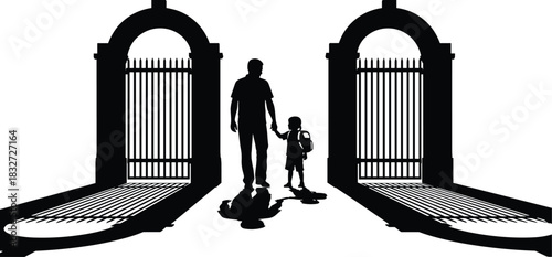 Black and White Monochrome Silhouette Vector Illustration of a Father Holding Hands with his Son Standing Between Two Large Arched Gates, Family, Security, and Childhood Concept