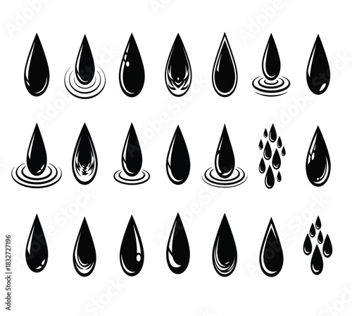 Collection of black oil or liquid drop icons in various shapes and styles, some showing ripples on a surface, isolated on white background