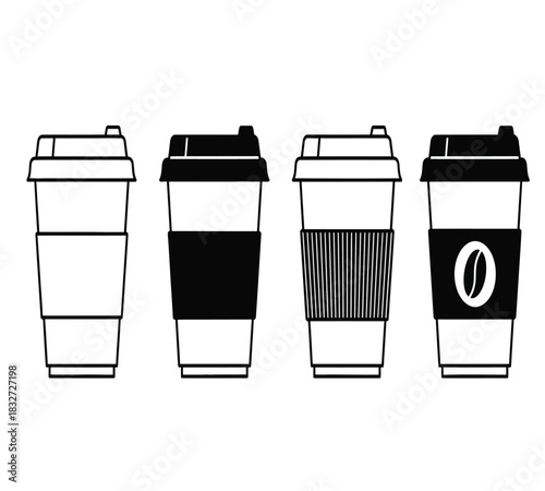 Set of four stylized disposable coffee cups with lids, featuring different sleeve designs including plain white, solid black, striped pattern, and one with a coffee bean icon, isolated on white backgr