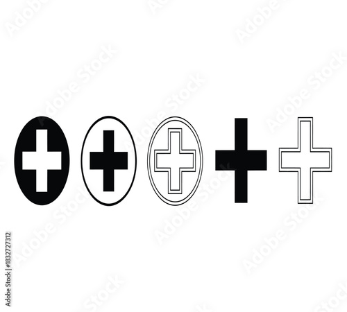 Collection of five different plus sign icons representing medical aid, first aid, health, hospital, and addition concepts, isolated on white background