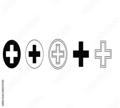 Collection of five different plus sign icons representing medical aid, first aid, health, hospital, and addition concepts, isolated on white background