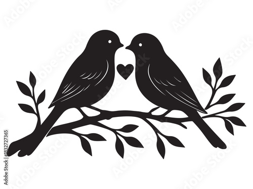 Silhouette of two birds perched on a branch sharing a loving moment with a heart vector illustration design