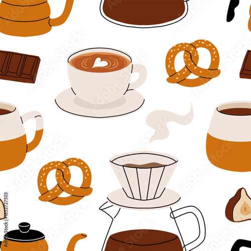 Seamless pattern of coffee accessories and brewing methods. Coffee machine, beans packaging, grinder, cup, cezve, geyser vector illustrations.