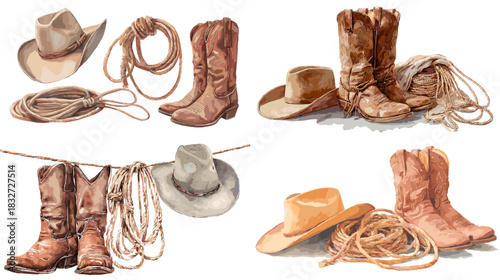 A rustic collection of cowboy hats, boots, and rope showcasing classic western style with textured leather details suitable for country themed design projects.