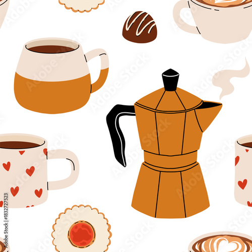 Seamless pattern of coffee accessories and brewing methods. Coffee machine, beans packaging, grinder, cup, cezve, geyser vector illustrations.