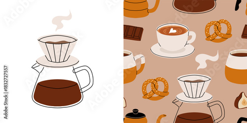 Seamless pattern of coffee accessories and brewing methods. Coffee machine, beans packaging, grinder, cup, cezve, geyser vector illustrations.