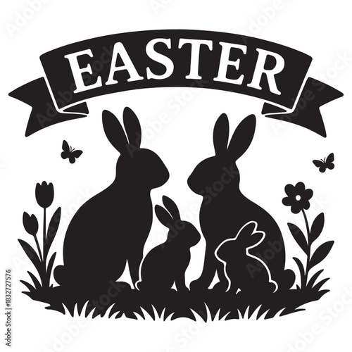 Black silhouette of a rabbit family with an easter ribbon vector illustration design