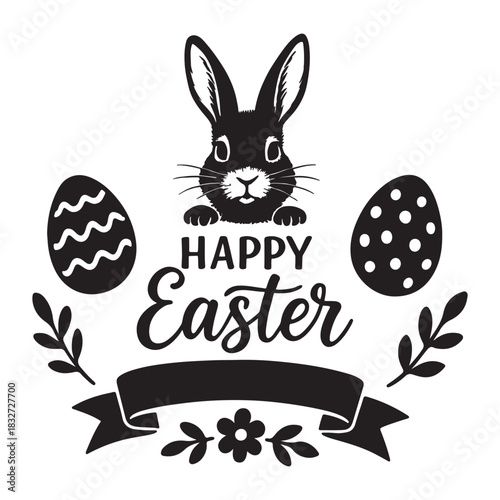 Silhouette black of Easter bunny with decorated eggs and festive foliage for spring celebrations vector illustration