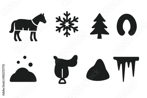 Frosty Equine Icons. Frosty equine winter. Filled icon set of Frosty equine winter: horse, blanket, snowflake,