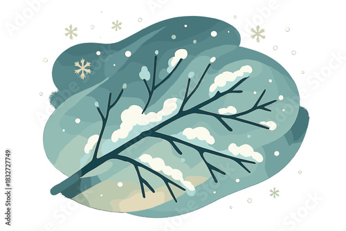 Frosted Branch Art. Snow and ice branch. Thin twigs encased in frost, snowflakes swirl softly above; light