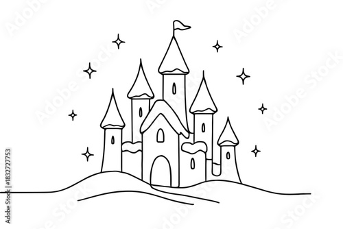 Snow Castle Elegance. Winter fairy tale illustration. Minimalistic one-line drawing of a snow-covered castle