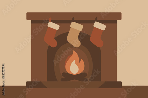 Retro Holiday Fireplace. Holiday warmth minimalist flat illustration of a stylized fireplace with soft glowing