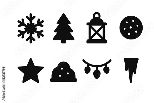 Magical Snowy Icons. Magical snowy night. Filled icon set of Magical snowy night: snowflake, pine tree,