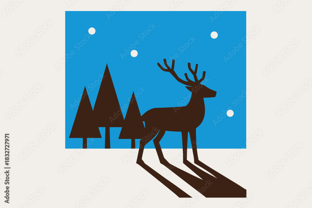 Fototapeta premium Minimalist Winter Reindeer. Reindeer in the snow. geometric sans heavy, flat fills, long angled cold shadows,