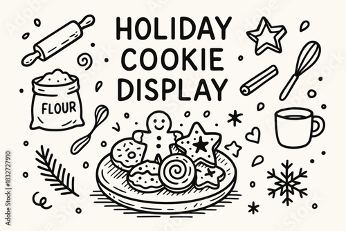 Festive Cookie Arrangement. Holiday cookie display. Hand-drawn doodle illustration of Holiday cookie display.