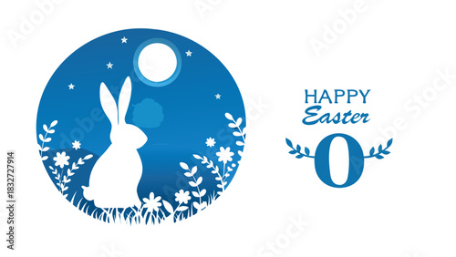 A whimsical blue and white illustration featuring a silhouette of a rabbit sitting in a field of flowers under a full moon and stars with the text happy easter and a decorative number zero