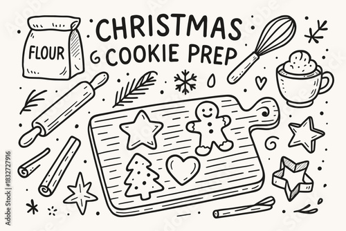 Christmas Cookie Prep. Christmas cookie prep. Hand-drawn doodle illustration of Christmas cookie prep. Central