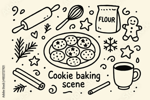 Whimsical Cookie Bake. Cookie baking scene. Hand-drawn doodle illustration of Cookie baking scene. Central