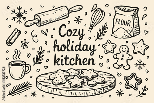 Cozy Holiday Kitchen. Cozy holiday kitchen. Hand-drawn doodle illustration of Cozy holiday kitchen. Central