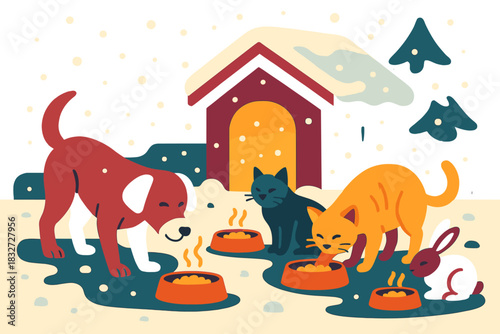 Cozy Winter Feeding. Winter feeding time. Pets gather at heated bowls inside a snowy shelter courtyard, soft