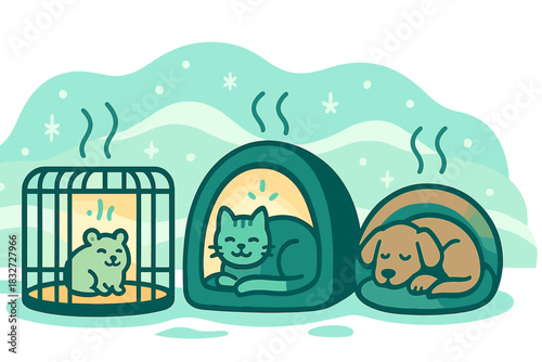 Cozy Winter Haven. Winter warmth for pets. Animals huddle inside warmed cages or bedding, light arcs and tiny