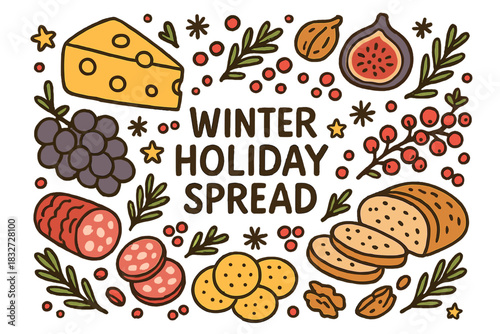 Festive Holiday Feast. Winter holiday spread. Hand-drawn doodle illustration of Winter holiday spread. cheese