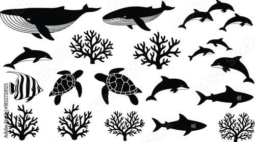 Black vector silhouette collection of diverse sea life, featuring whales, dolphins, sea turtles, sharks, angelfish, and coral, ideal for ocean, aquatic, nature, biolo