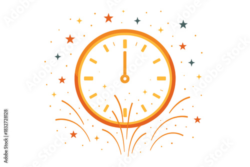 Festive New Year Countdown. New Year countdown scene. Clock face glows against a dark background, tiny