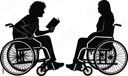Black vector silhouettes of a diverse man reading a book and a woman sitting in wheelchairaphics.