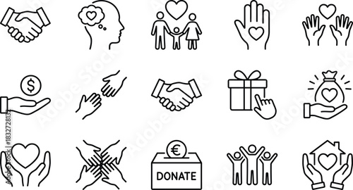 Volunteering, Love, Help, Fundraising, and Giving Symbols — Outline Collection for Community, Nonprofit, and Social Support
