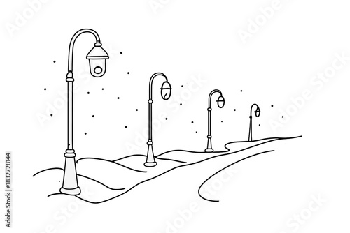 Minimalist Street Lamps. Winter night lamps. Minimalistic one-line drawing row of street lights illuminating