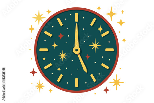 Sparkling Midnight Clock. Holiday clock moment. Illuminated clock face with sparkling hands approaching