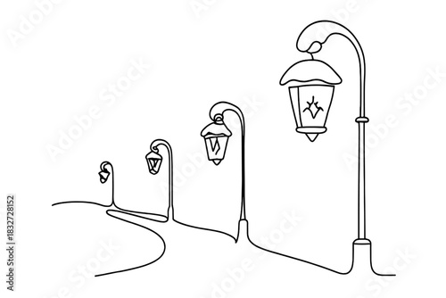 Minimalist Winter Streetlight. Frosted street lighting. Minimalistic one-line drawing urban lamps glowing on