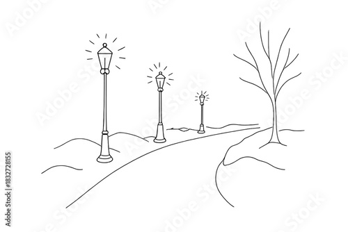 Minimalist Winter Elegance. Winter night street scene. Minimalistic one-line drawing glowing lampposts along