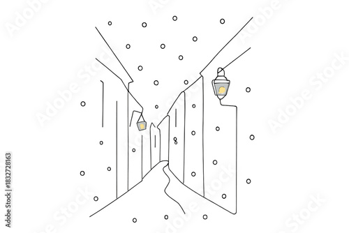 Minimalist Snowy Street. Snowfall alley lights. Minimalistic one-line drawing narrow snowy street with softly