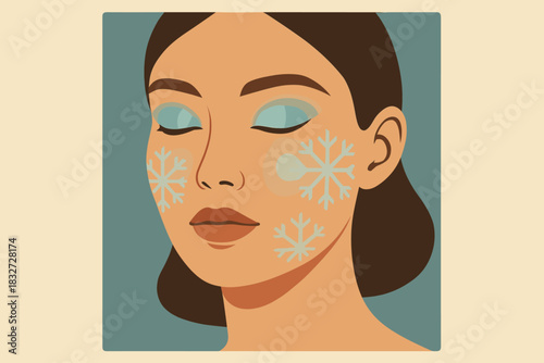 Glow Makeup Snowflakes. Chill glow makeup minimalist flat illustration of subtle geometric snowflakes with