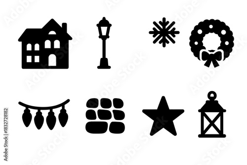 Festive Village Night Icons. Festive village night. Filled icon set of Festive village night: building, street