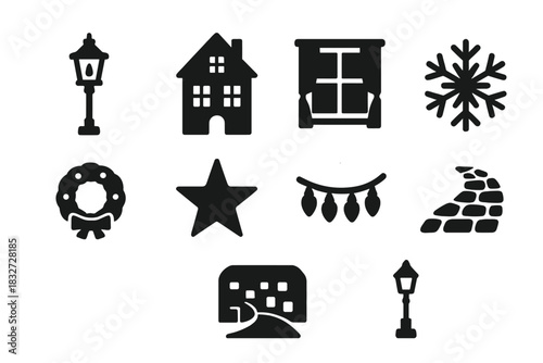 Winter Town Icons. Winter illuminated town. Filled icon set of Winter illuminated town: street lamp, building,