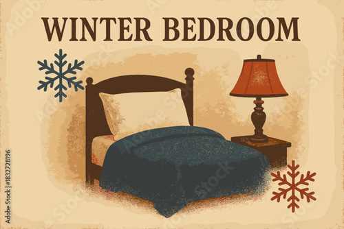 Vintage Winter Bedroom. Winter bedroom aesthetic. vintage serif script, shadowed outlines, aged print texture,