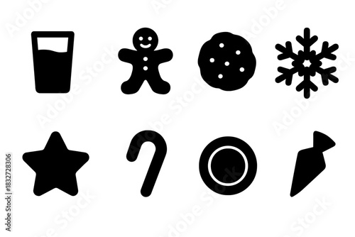 Festive Snack Icons. Festive snack time. Filled icon set of Festive snack time: milk glass, gingerbread man,