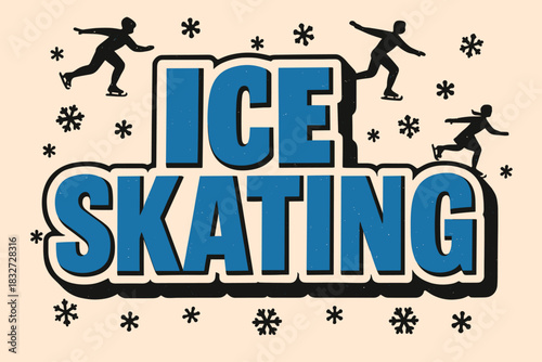 Retro Ice Skating. Ice skating in public square. retro sticker block lettering, bold cut-out outline in black,