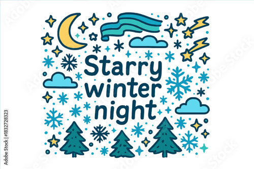 Starry Winter Doodle. Starry winter night. Hand-drawn doodle illustration of Starry winter night. crescent