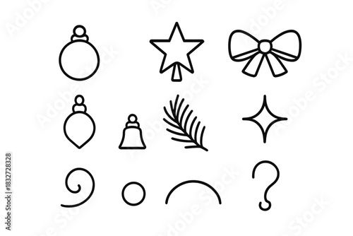 Tree Decoration Icons. Tree decorations. Line outline icon set of Tree decorations: hanging bauble, star