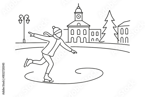 Minimalist Skater Illustration. Ice skating in public square. Minimalistic one-line drawing of a skater